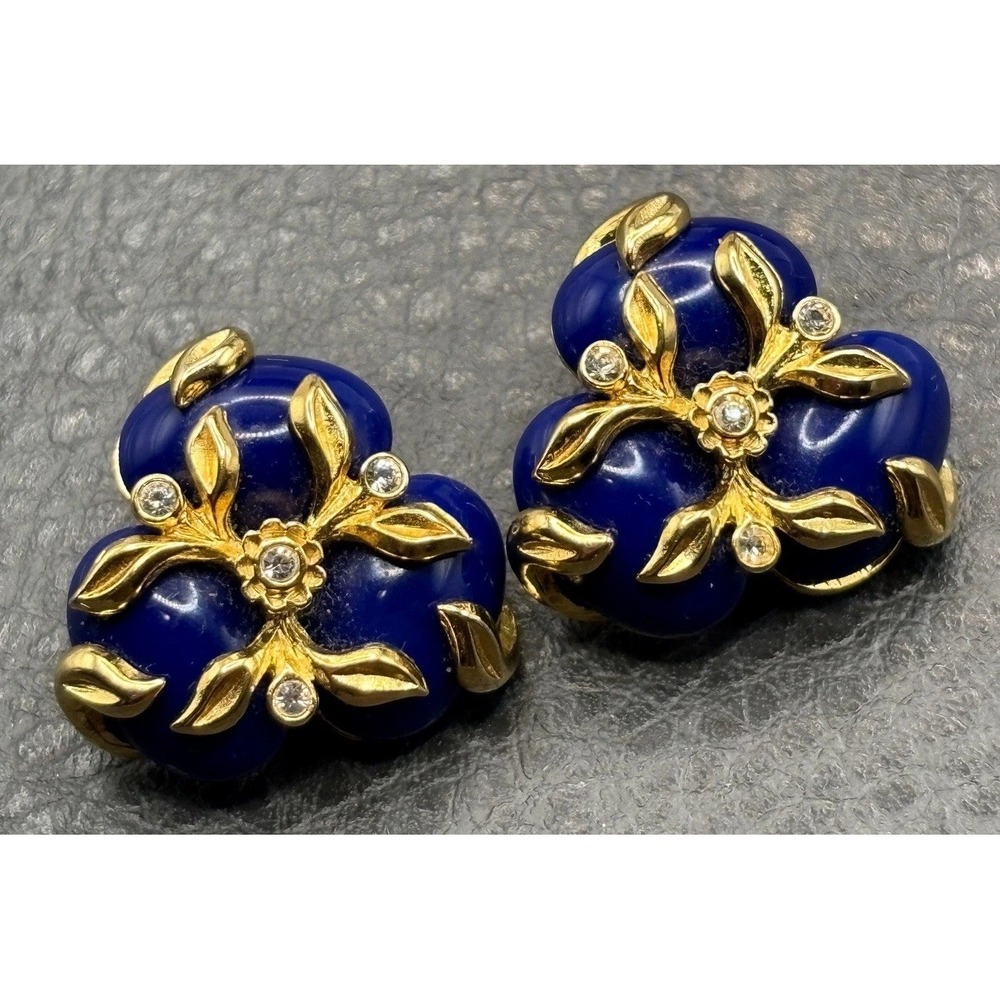 Vintage Joan Rivers Blue Glass Flower Rhinestone Clip On Earrings Gold Tone
